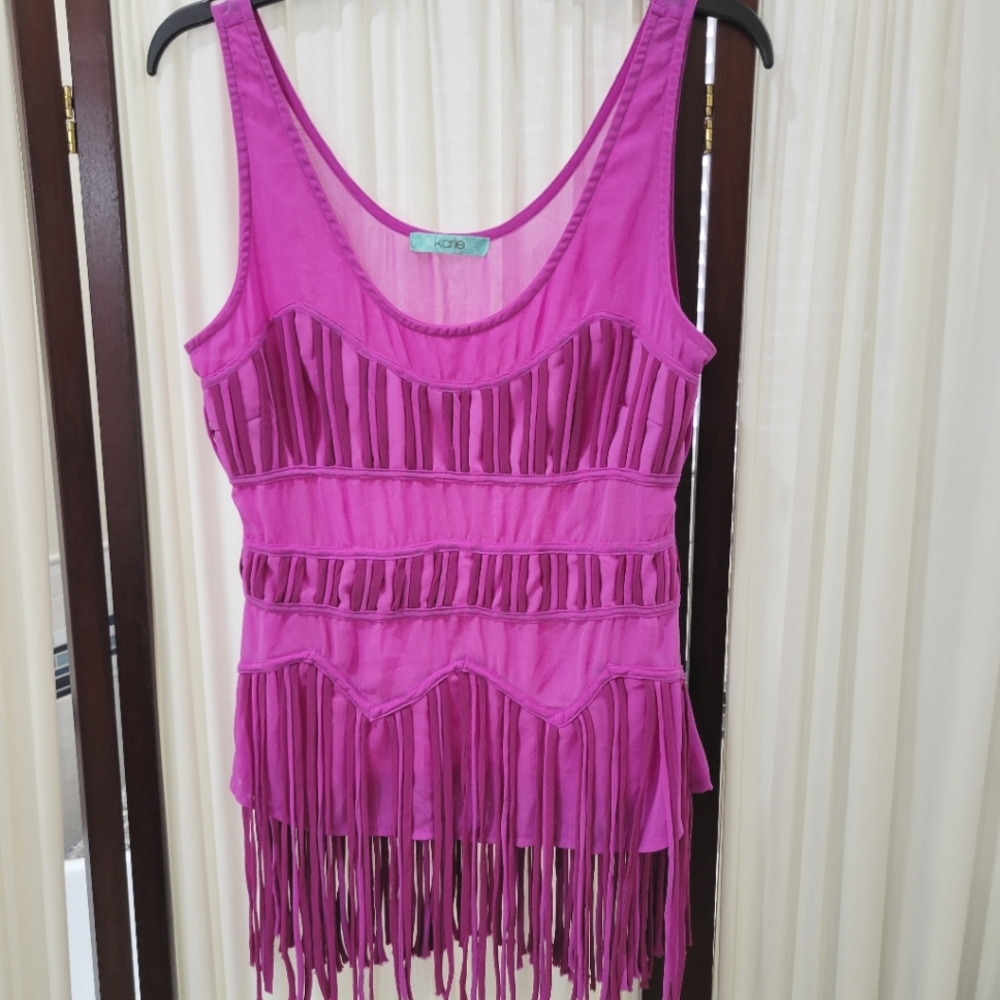 Fringe Tank Top - Sheer Fushcia Pink with Fringes